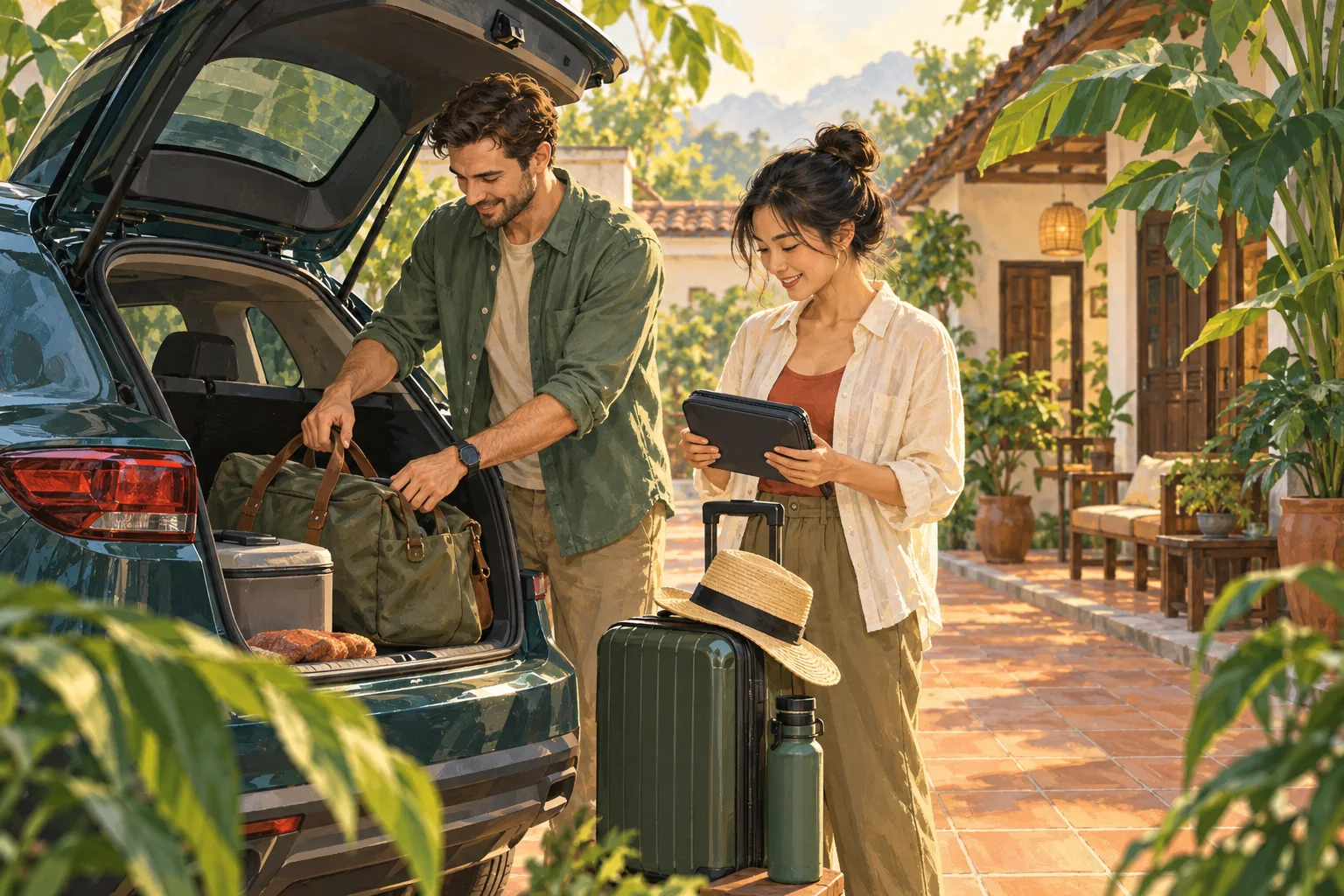 Two travellers arranging luggage beside a car in a leafy courtyard