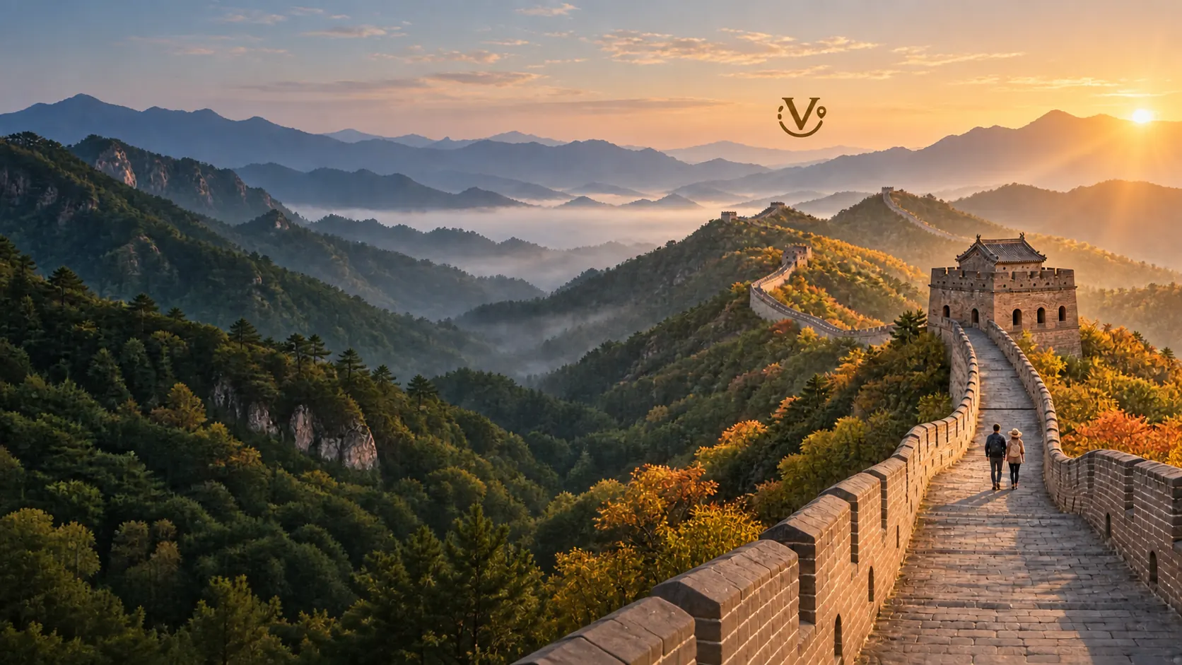 Great Wall winding across forested mountain ridges at sunrise