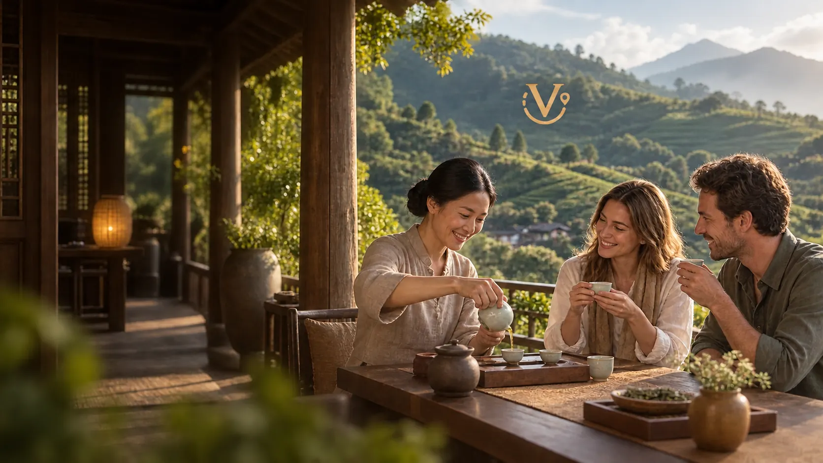 Host sharing tea with travelers beside green tea fields