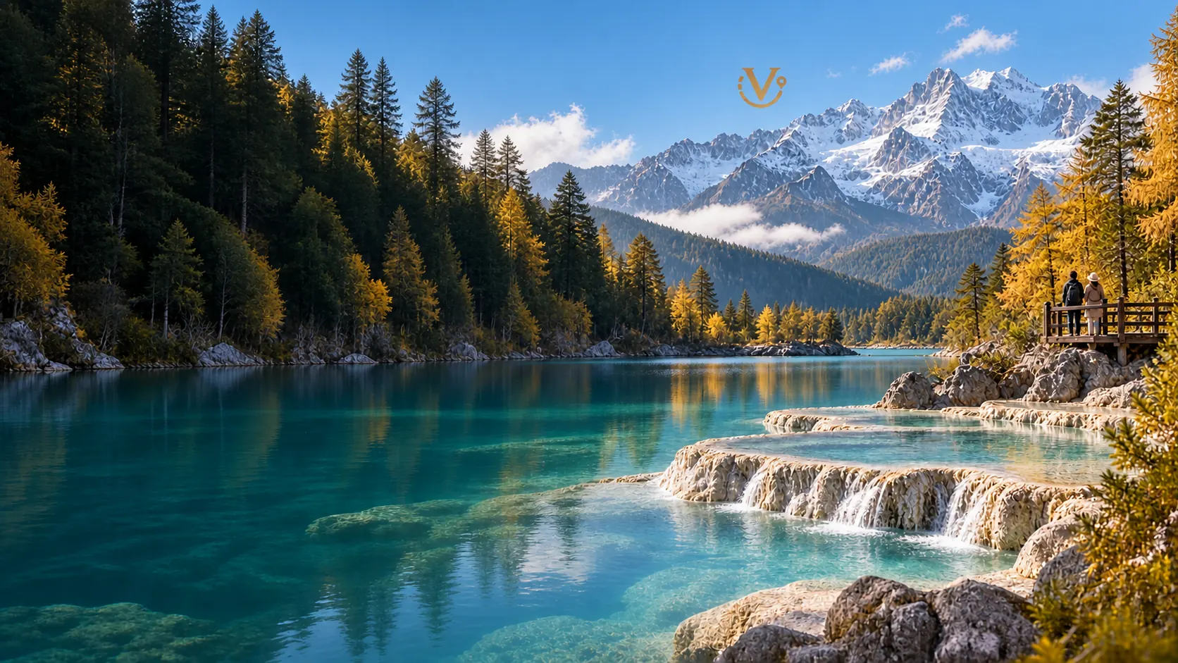Turquoise pools and waterfalls beneath forested slopes and snow-covered mountains in Yunnan