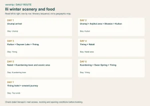 7-day itinerary sequence: Urumqi, Anjihai / Shawan, Kuitun, Sayram Lake, Yining, Nalati, Kuerdening, Swan Spring, Yining. Schematic, not a geographic map.