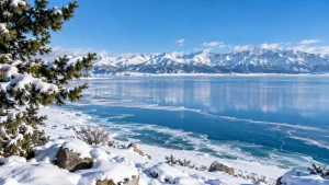 AI-generated illustration: sayram lake and ili winter journey.