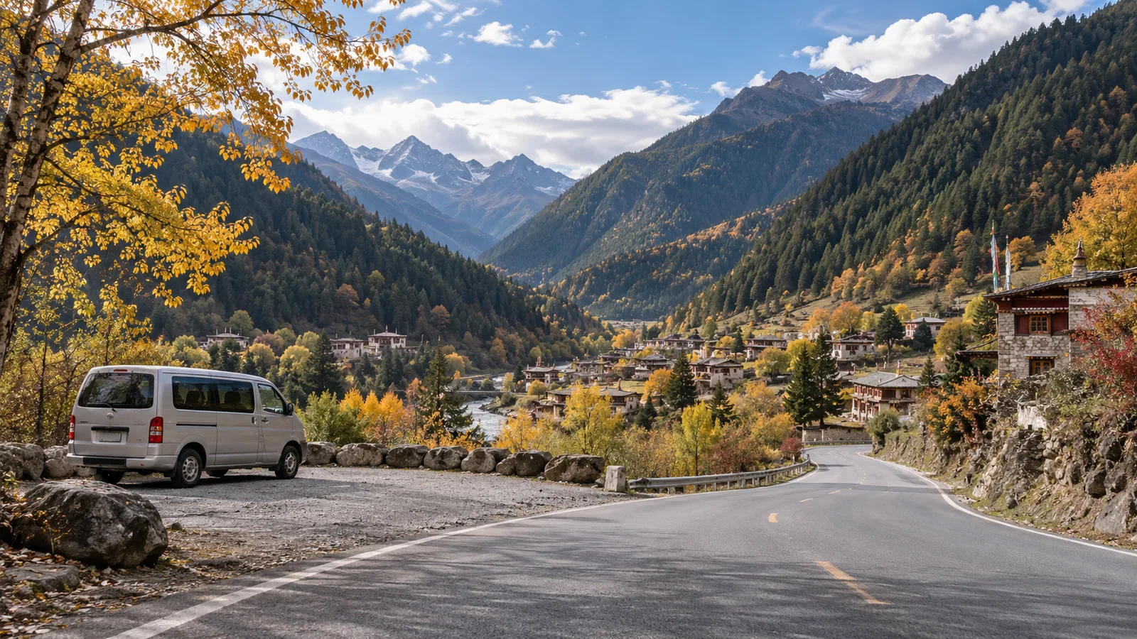 AI-generated illustration: arrival in the jiuzhaigou valley.