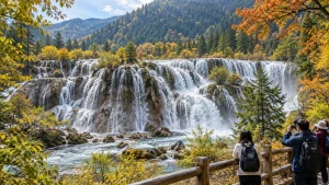 AI-generated illustration: jiuzhaigou waterfall and autumn woodland.
