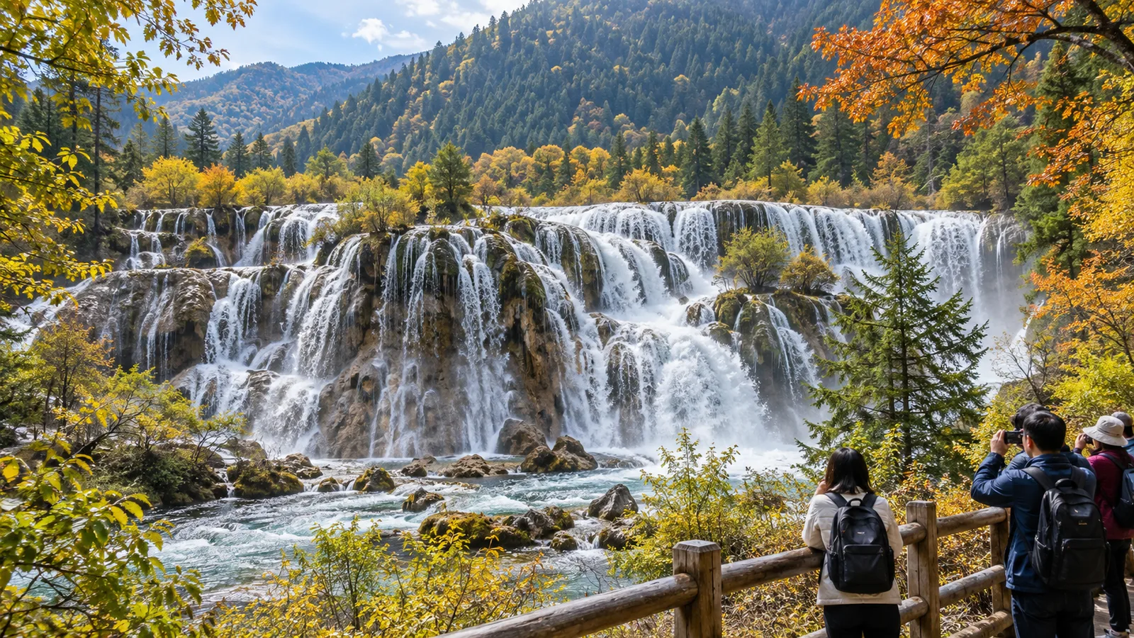 AI-generated illustration: jiuzhaigou waterfall and autumn woodland.