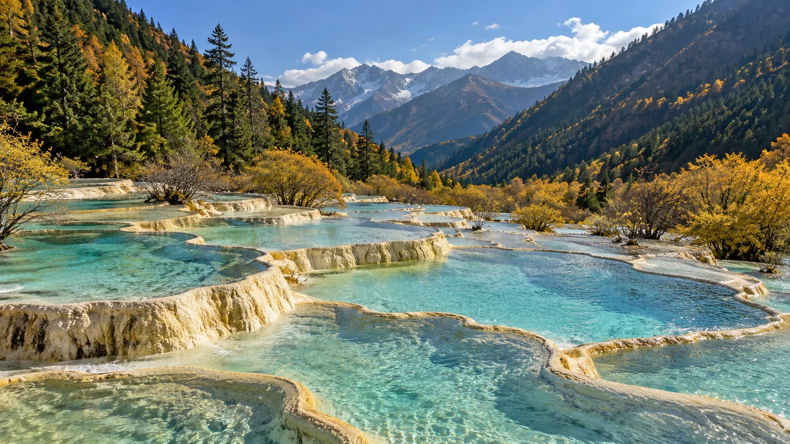 AI-generated illustration: huanglong travertine pools.