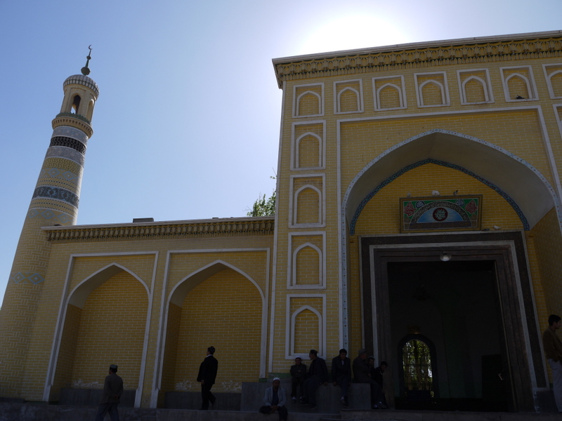 The yellow facade and minarets of Id Kah Mosque in Kashgar