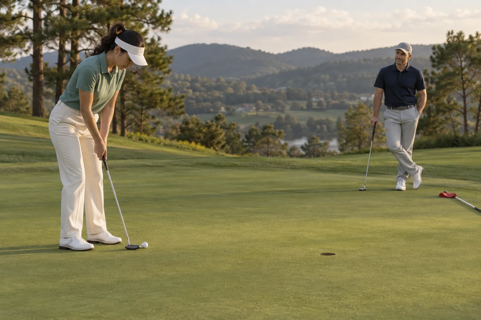Illustration of a woman lining up a putt with a playing partner beside the green
