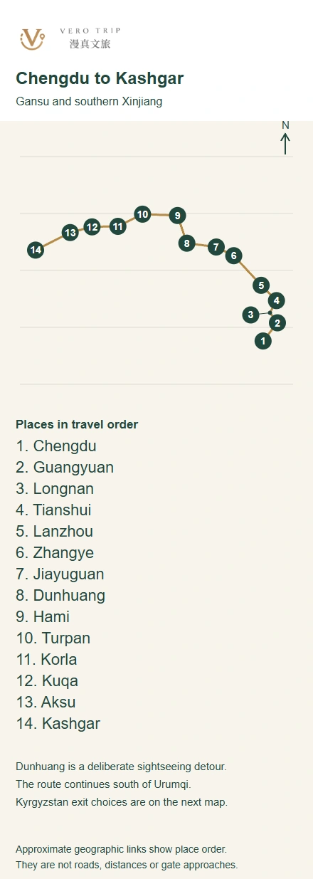 Chengdu to Kashgar: numbered geographic planning map
