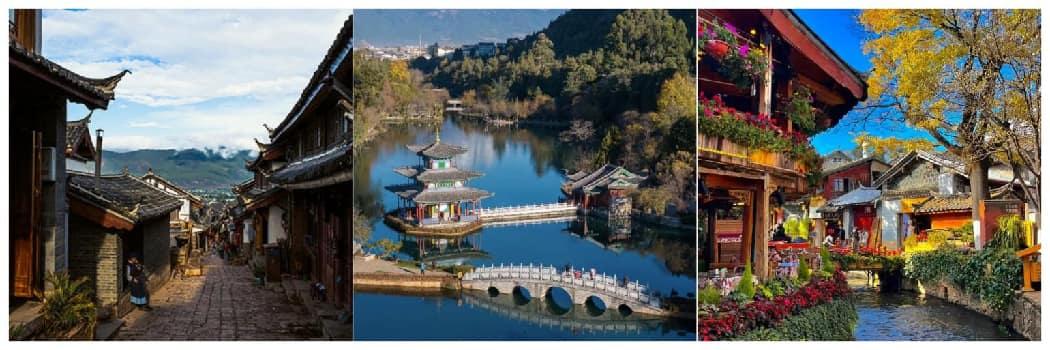Traditional Lijiang streets and the pavilion at Black Dragon Pool