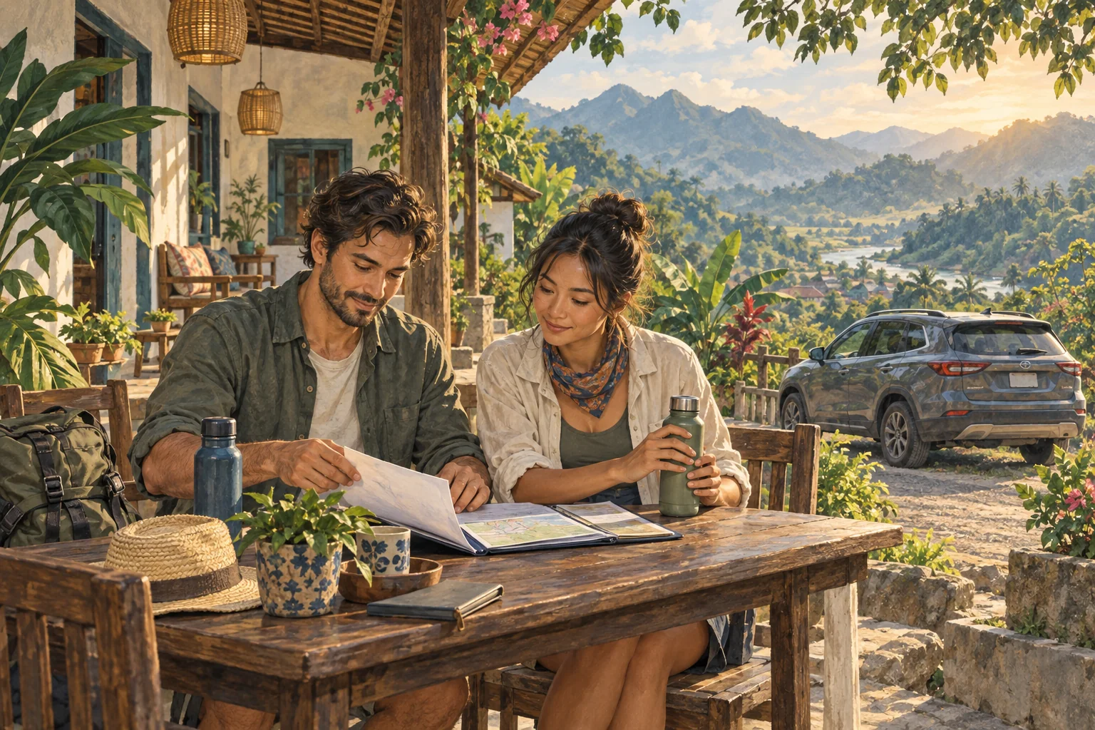 Illustration of two travellers preparing a document folder beside a parked car at a tropical guesthouse