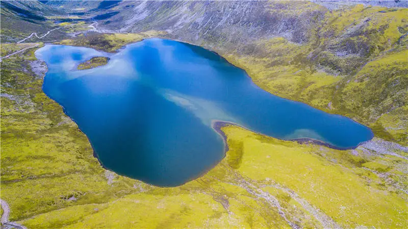 Aerial view of a lake basin on the Mosika mountain route