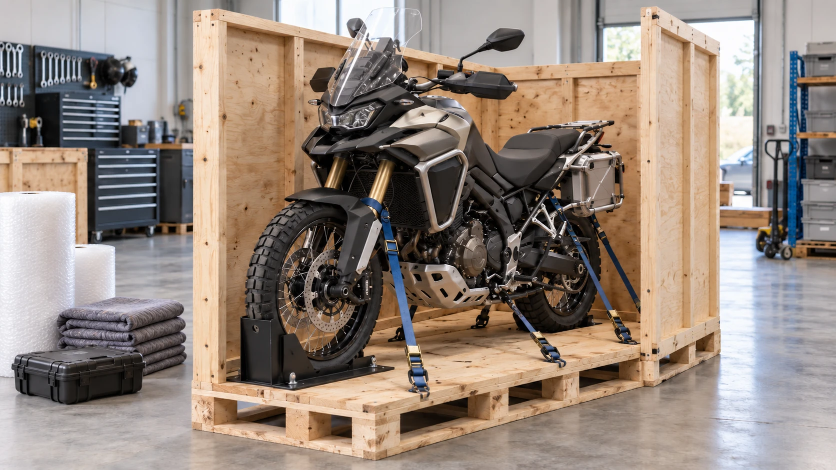 Touring motorcycle secured with straps inside an open wooden freight crate