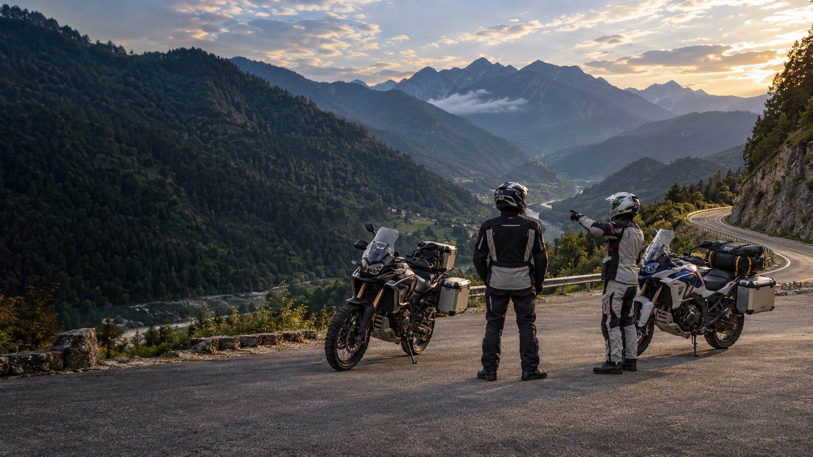 Two helmeted motorcyclists beside parked touring motorcycles at a mountain-road viewpoint