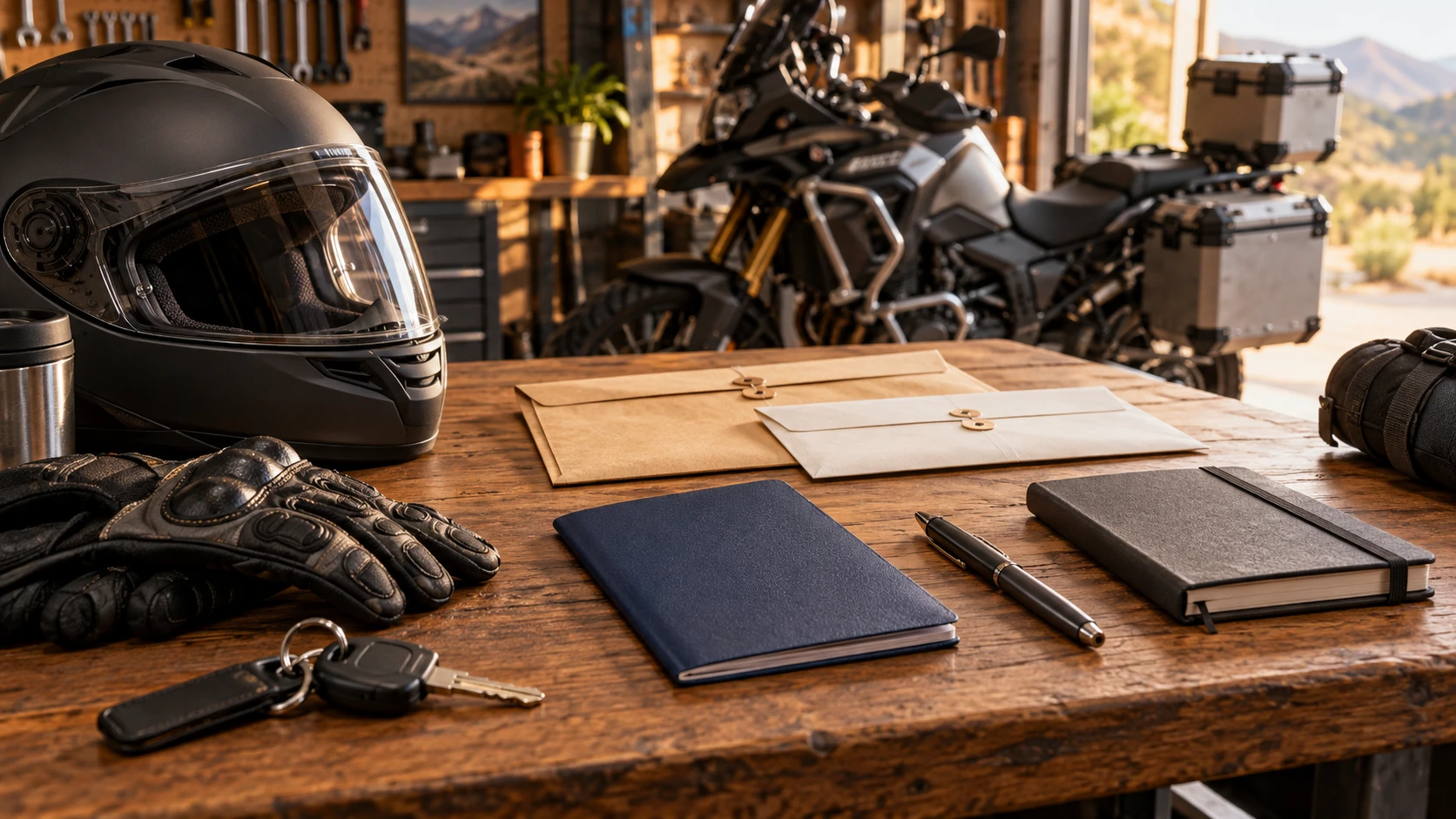 Travel document cover, envelopes, keys, helmet and gloves prepared for a motorcycle journey