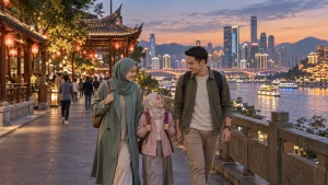 Muslim family walking beside a river and illuminated city buildings