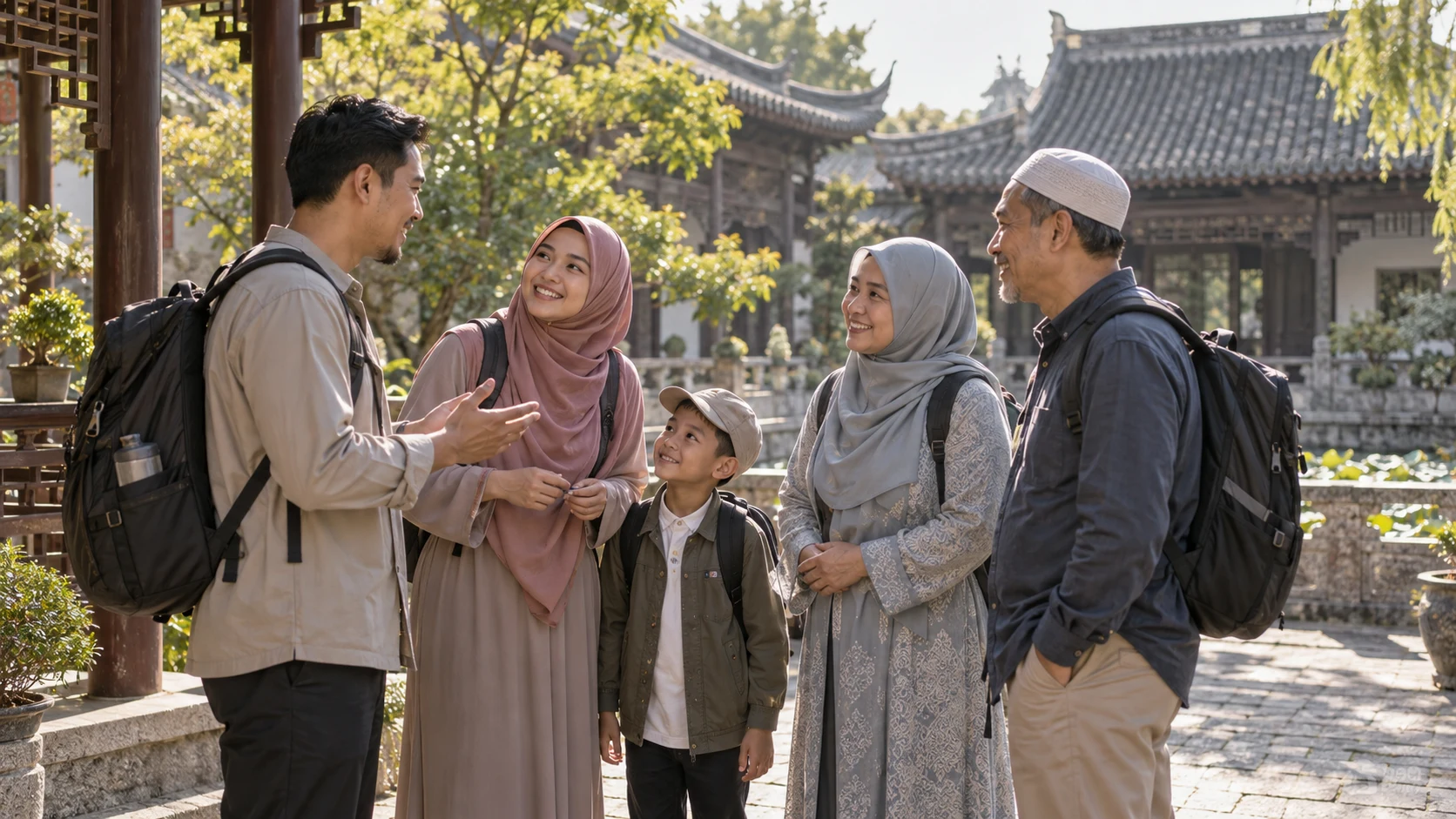 Muslim travelers talking in a traditional courtyard