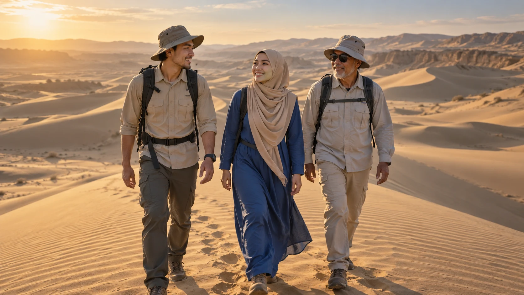 Three Muslim travelers walking beside golden sand dunes Three Muslim travelers walking beside golden sand dunes