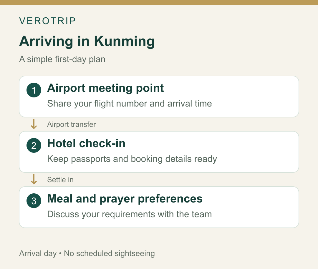 Your arrival plan: airport pickup, hotel check-in and meal preferences.