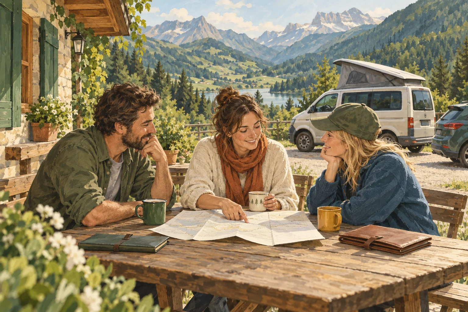 Three travellers discussing a journey at an outdoor table with a campervan and car behind them