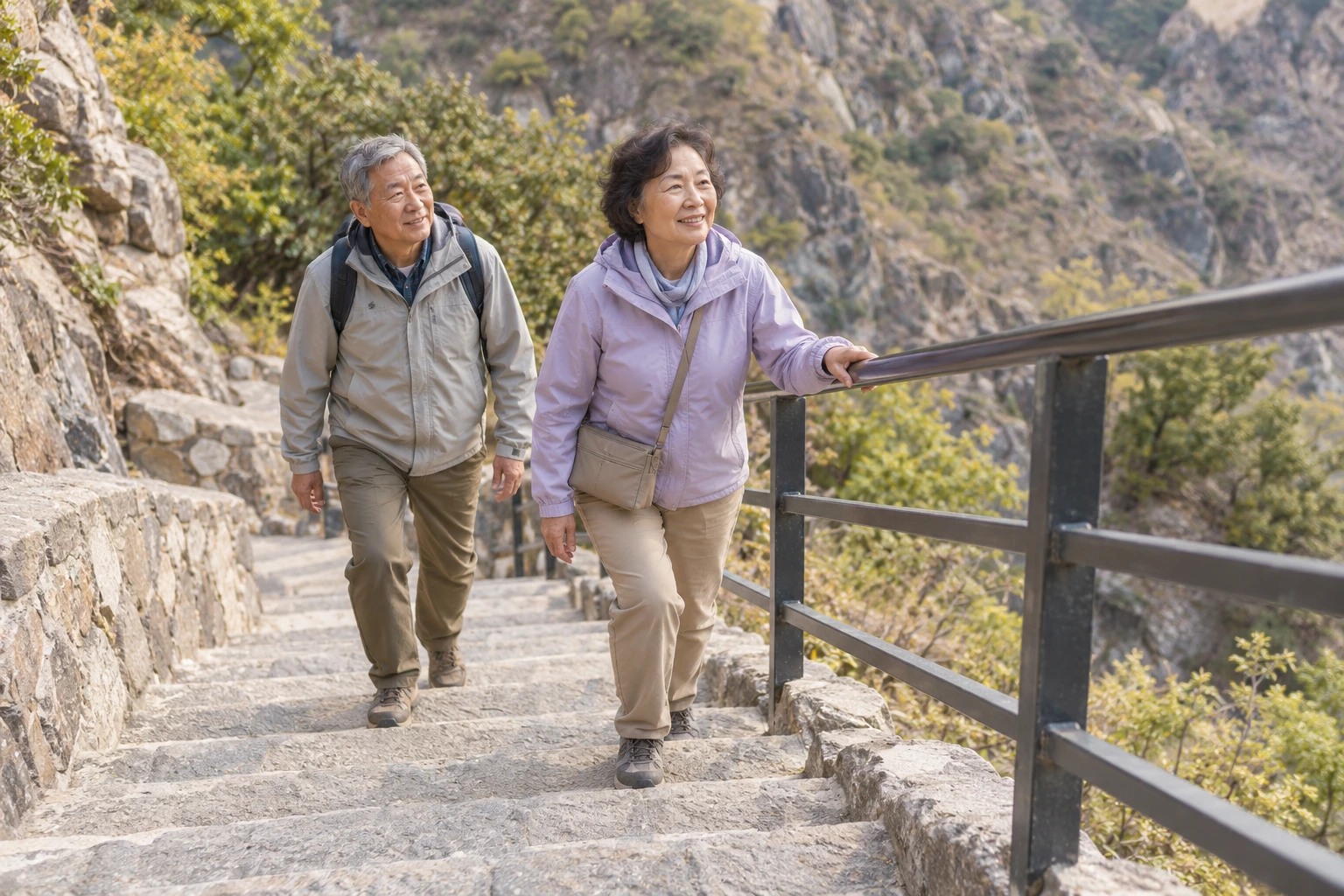 Two older travelers walking up stone steps beside a handrail