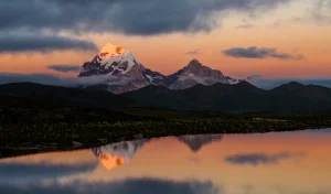 Sunset reflected in a Southern Shaluli alpine lake