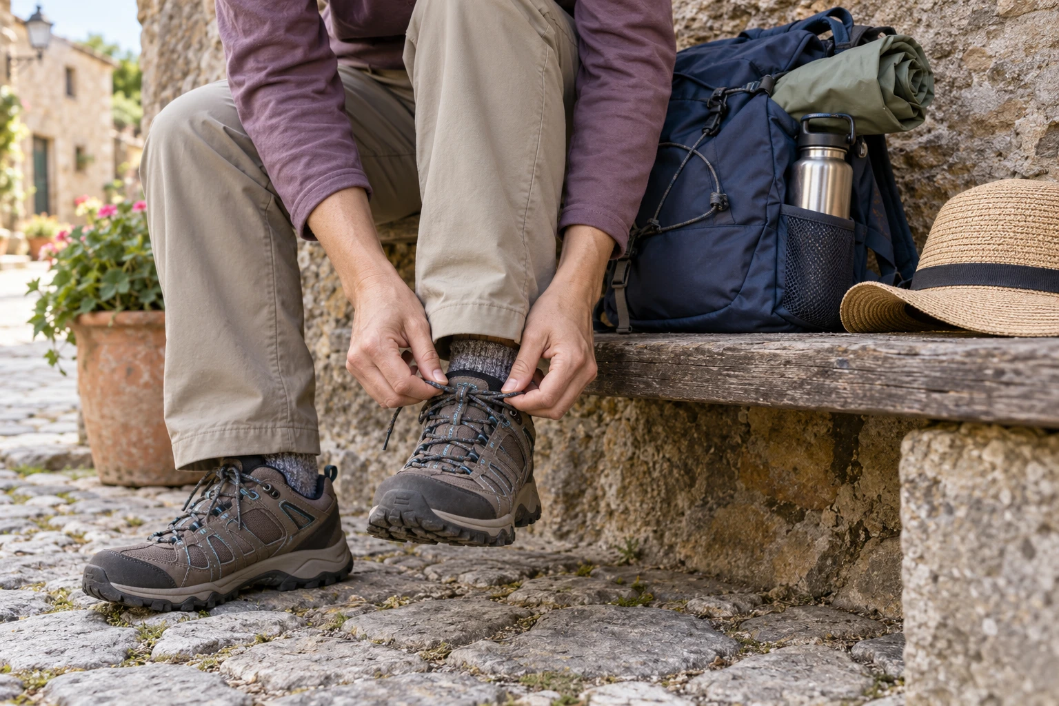 A traveler tying walking shoes beside a daypack, water bottle and sunhat