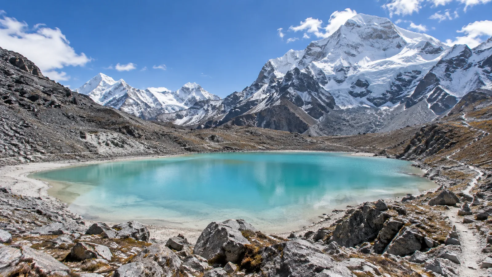AI-generated illustration: yading milk lake high-altitude hike.