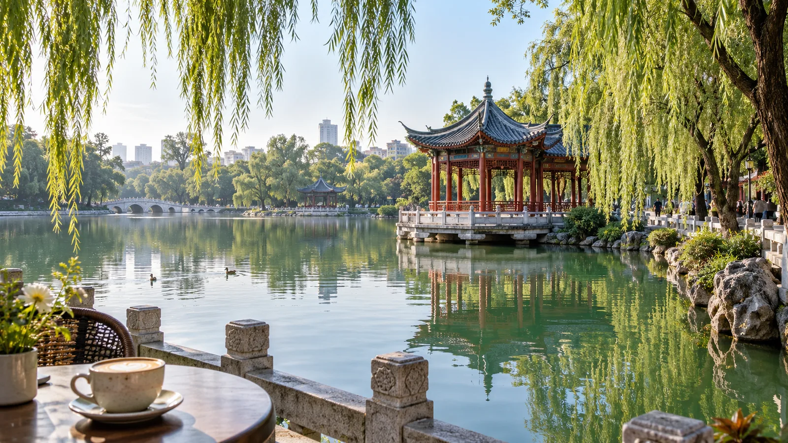 AI-generated illustration: kunming green lake and coffee.