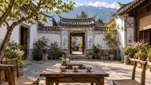 AI-generated illustration: xizhou bai courtyard tea.