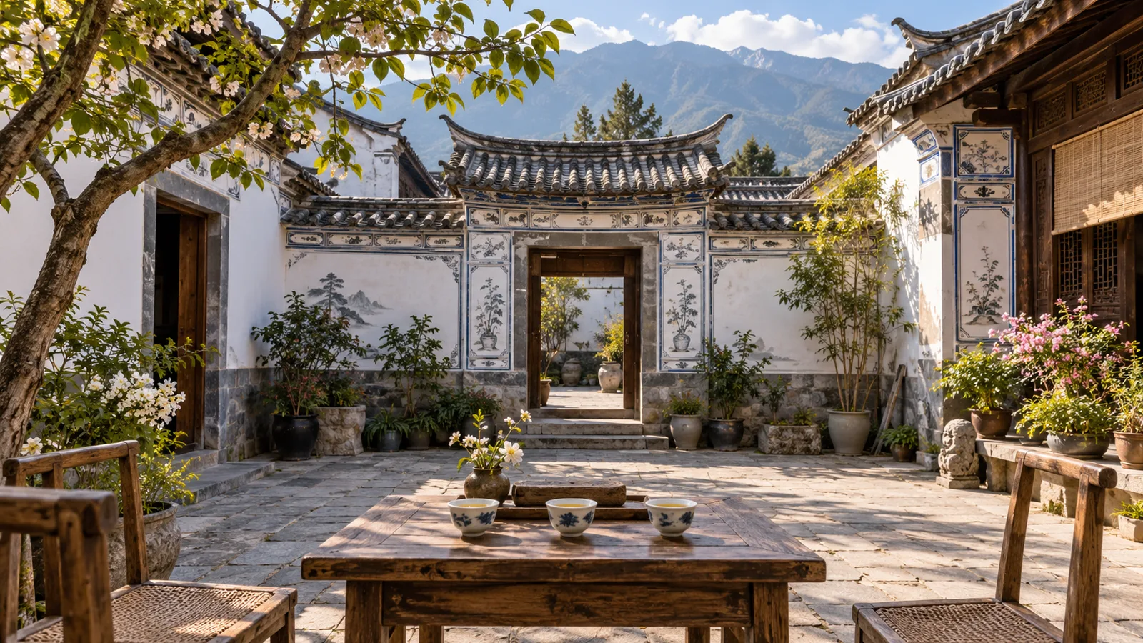 AI-generated illustration: xizhou bai courtyard tea.