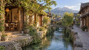 AI-generated illustration: lijiang old town waterway.