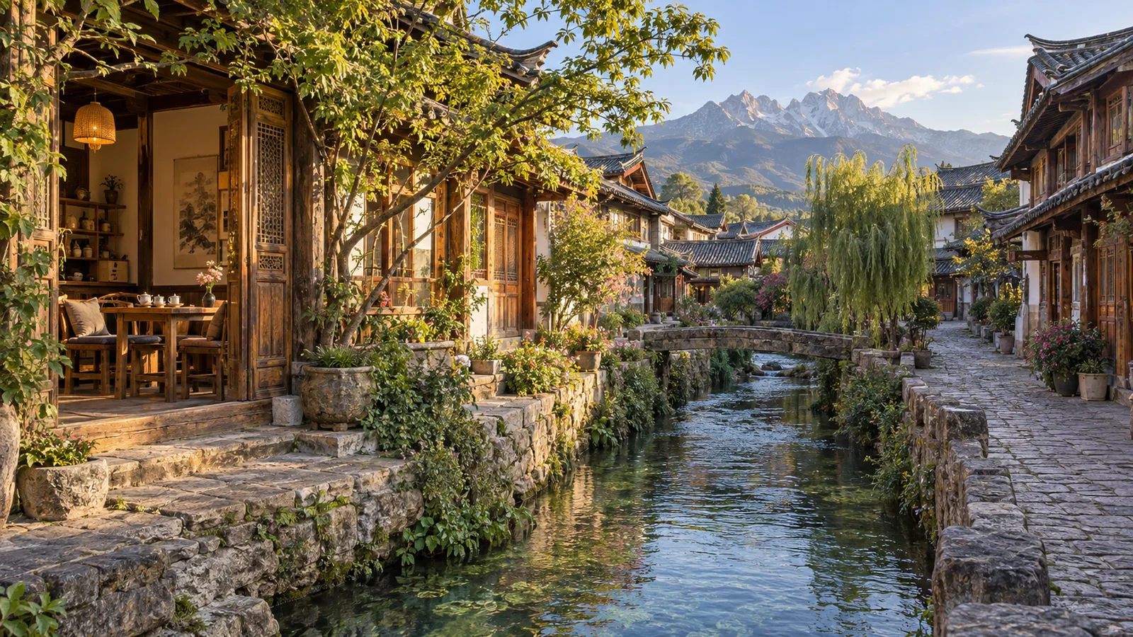 AI-generated illustration: lijiang old town waterway.