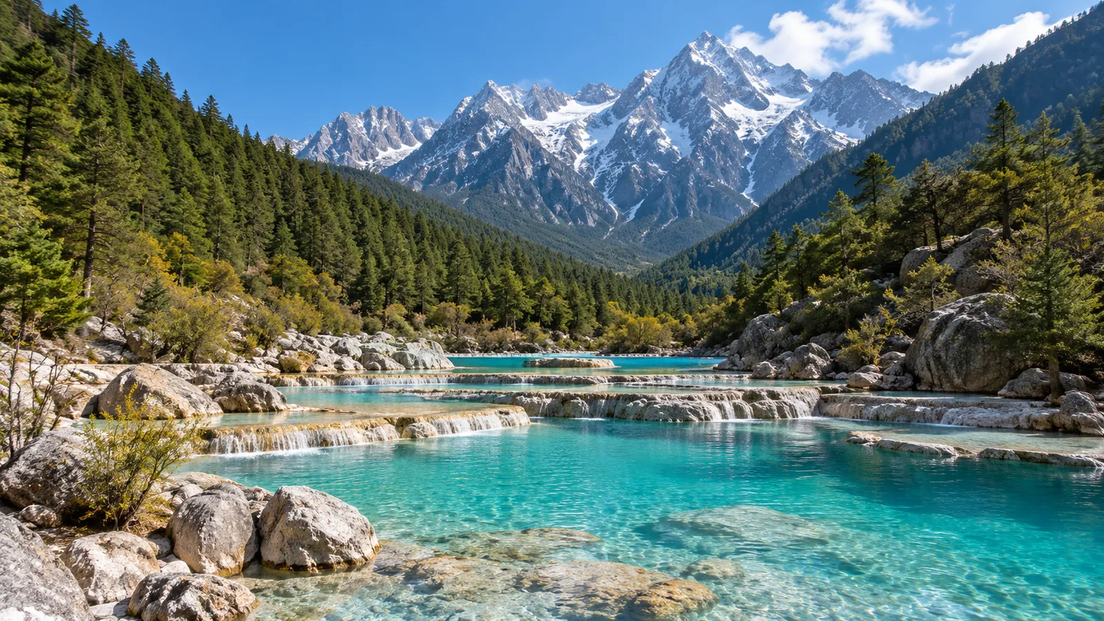 AI-generated illustration: blue moon valley below jade dragon snow mountain.