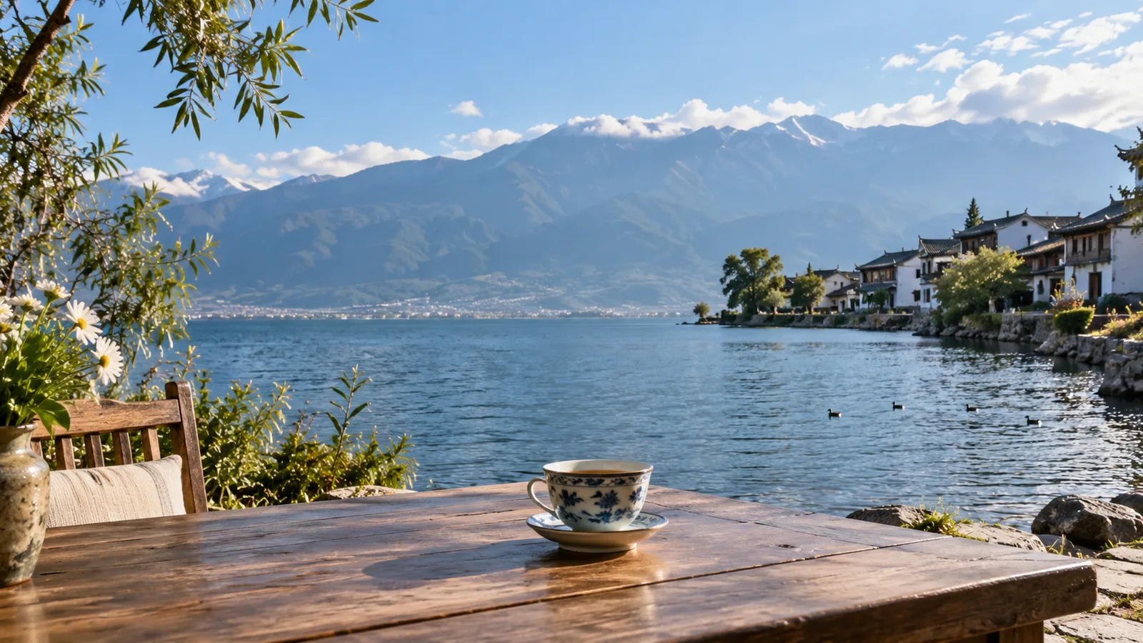 AI-generated illustration: relaxed yunnan lake and mountain journey.