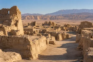 Illustration of Earthen archaeological ruins in the Jiaohe area near Turpan