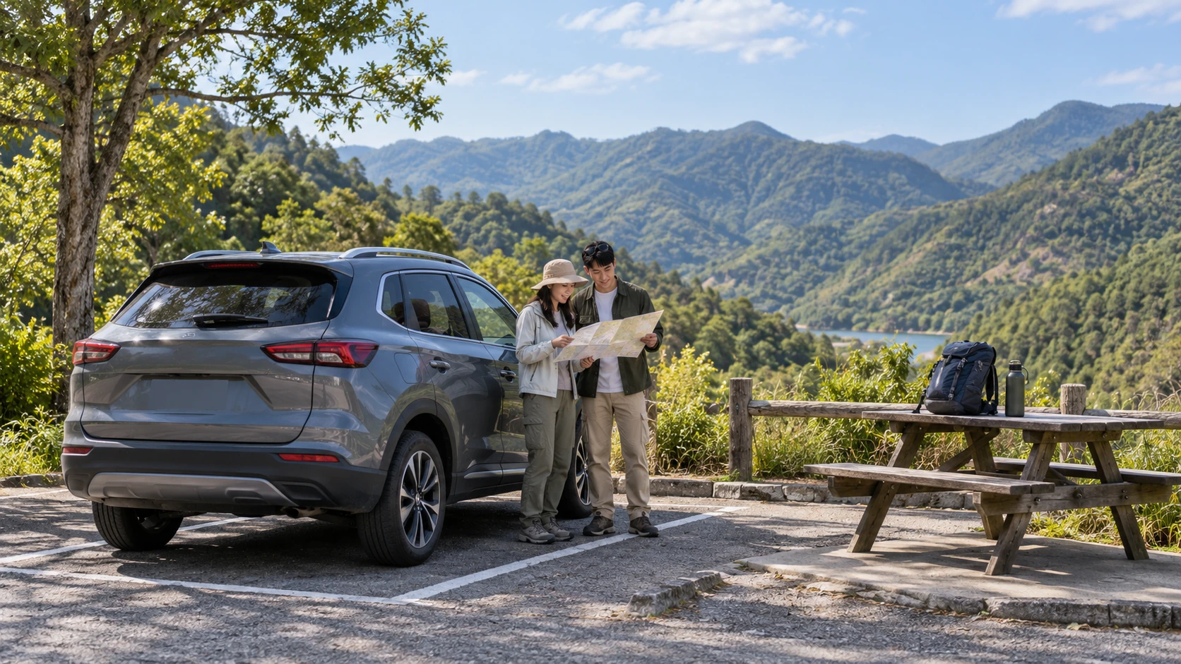 Two travelers beside a parked compact SUV at a marked rest area with green hills beyond