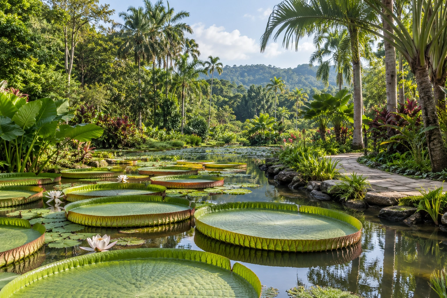 Water lilies and a path among tropical plants in a garden setting